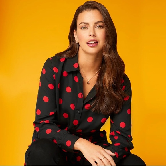 Suzy Shier Black Red Polka Dot Tunic Top Size M | Retro Y2K Button Down Blouse - Picture 7 of 7